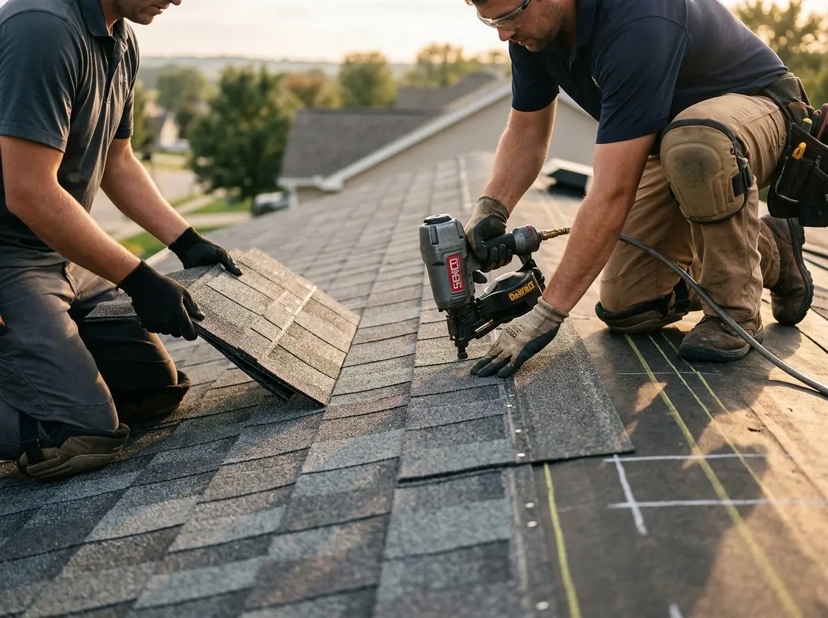 Professional roofer working on a residential roof in Beacon Square
